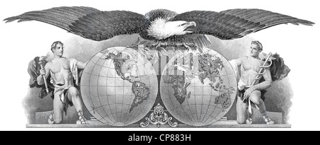 Historical stock certificate, detail of the vignette, allegorical representation of a bald eagle with two sides of the globe and Stock Photo