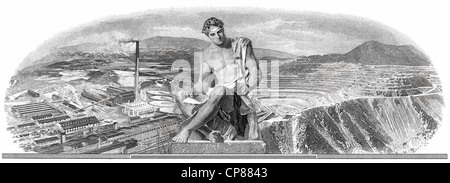 Historical stock certificate, detail of the vignette, allegorical representation of a man sitting in front of a large open pit a Stock Photo