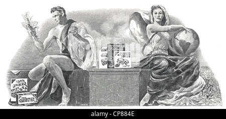 Historical stock certificate, detail of the vignette, allegorical representation of a man holding tobacco leaves and a woman wit Stock Photo