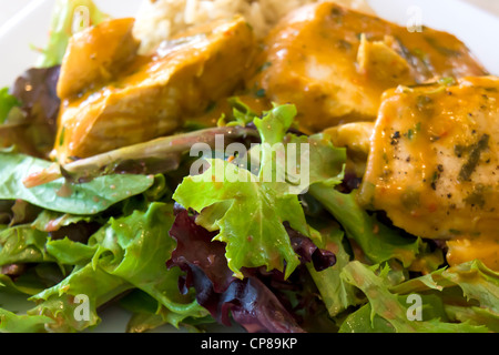 Seared salmon with rice and vegetables Stock Photo