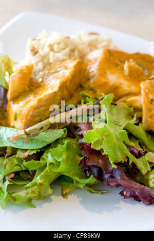 Seared salmon with rice and vegetables Stock Photo