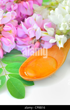 honey in a wooden spoon with acacia flowers Stock Photo