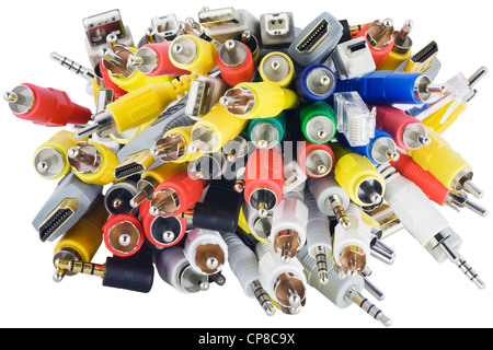 Blue, green, yellow, white,green RCA, HDMI, USB, internet connectors electrical chaos for switching signals in modern electronic Stock Photo