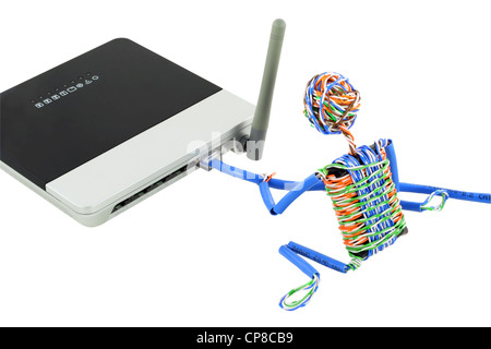 The little man braided from a computer cable, connect UTP cable to a mass wireless router. Isolated on white. With clippin path. Stock Photo