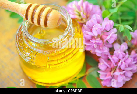 glass jar full of honey and stick with acacia pink and white flowers Stock Photo