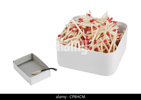The burned down match near to a box of good matches. Loneliness concept. Isolated on white, with patch Stock Photo