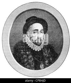 Michel Eyquem de Montaigne, 1533 - 1592, a politician, philosopher and pioneer of essay writing, Historische Druck aus dem 19. J Stock Photo