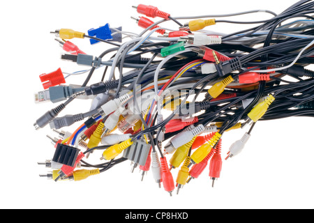 Blue, green, yellow, white, RCA, HDMI, USB, internet digital connectors, cables and plugs isolated on white Stock Photo