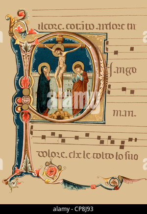 Historical illustration from the 19th Century, ornamental initial letter of an Italian Laude manuscript from the 14th Century, H Stock Photo