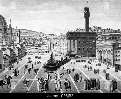 Historical illustration from the 19th Century, the execution of Savonarola on the Piazza della Signoria, Florence, Italy, Girola Stock Photo