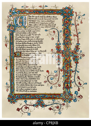 the beginning of the Canterbury Tales by Geoffrey Chaucer, 15th Century, Historische Zeichnung aus dem 19. Stock Photo