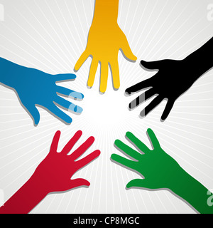 Hand silhouettes in Olympic Games colors over white background. Vector file layered for easy manipulation and customisation. Stock Photo