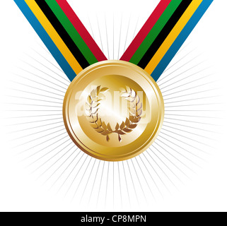 Olympics Games gold medal with ribbons in the colors which represents the five continents on white background. Stock Photo