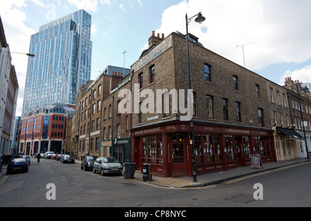 The English Restaurant with Nido Spitalfields tower in the background, Brushfield Street, Tower Hamlets, London, UK, E1 Stock Photo
