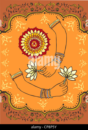 Indian woman hand and lotus brown and orange background. Vector file available. Stock Photo