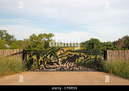 Iron gate to a property along the Willow City Loop scenic drive, near Fredericksburg, Texas Stock Photo