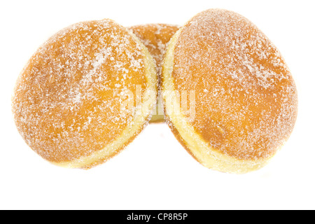 A picture of three jelly donuts on a white background Stock Photo