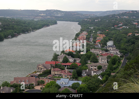 Mansions on the Colorado River, viewed from Mount Bonnell, Austin, Texas Stock Photo