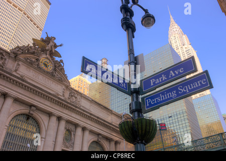 Grand Central Terminal, the Chrysler Building, and the Met-Life Building, from Pershing Square in New York City. Stock Photo