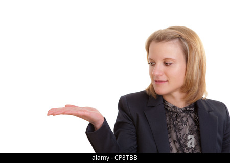 Young pretty business woman look on her blank hand Stock Photo