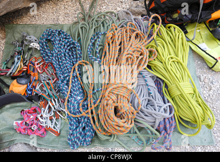 close up of climbing gear at high rope obstacle course Stock Photo