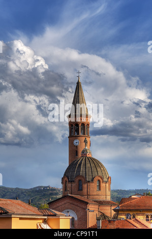 Vertical oriented image of Madonna Moretta catholic church under beautiful sky in Alba, Northern Italy. Stock Photo