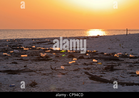 Rubbish on deserted island beach, The Maldives Stock Photo