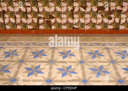 Floor and wall tiles in the Spanish colonial river town of Tlacotalpan, Veracruz, Mexico. Stock Photo
