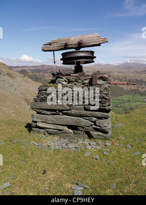 Derelict industrial winding gear at Rigghead above the Borrowdale valley in the English Lake District, Cumbria, England UK Stock Photo