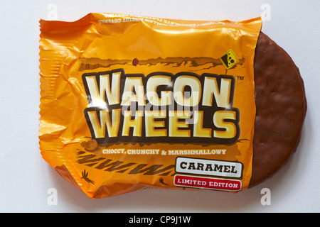 Wagon Wheels biscuit - limited edition caramel flavour, choccy crunchy & marshmallowy isolated on white background Stock Photo