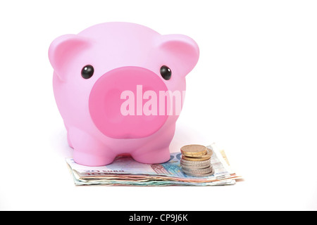 Pink piggy bank on banknotes and coins Stock Photo