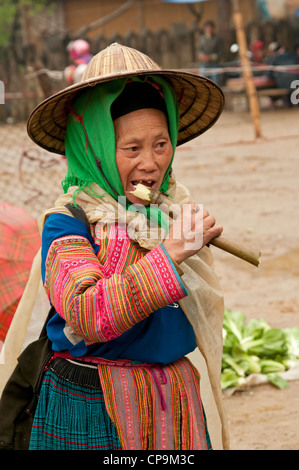 Old Flower Hmong woman eating sugar cane Muong Khuong market North Vietnam Stock Photo