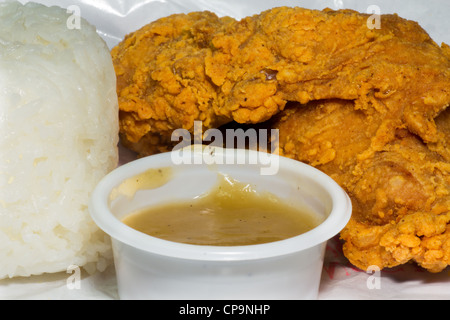 Fried chicken with rice and gravy Stock Photo