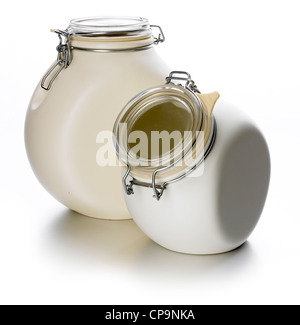 2 cream colored kitchen storage jars Stock Photo