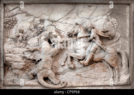 Saint George and the Dragon, sculpted by master artist Michel Colombe in 1509 for the Château de Gaillon chapel,  Louvre Museum in Paris, Stock Photo