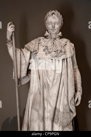The marble statue of Emperor Napoleon I in Coronation Costume sculpted by Claude Ramey in 1813 inside the Louvre Museum, Paris, France. Stock Photo