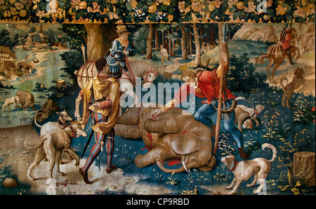 The hunting of elephants 1530 northern France or Flanders tapestry wool and silk Stock Photo