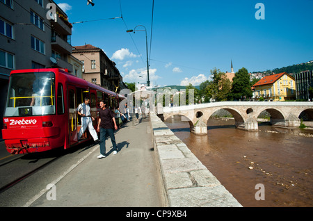 Tram along Obala Kulina Bana street and Latin Bridge. Sarajevo.Bosnia- Herzegovina. Balkans .Europe. Stock Photo