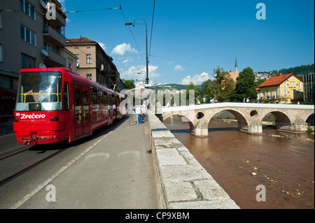 Tram along Obala Kulina Bana street and Latin Bridge. Sarajevo.Bosnia- Herzegovina. Balkans .Europe. Stock Photo