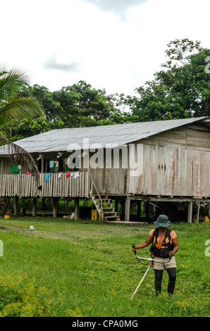 Secoya tribe at Secoya lodge Amazon basin alongside Aguarico river Tierras Orientales Ecuador Stock Photo