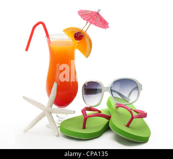 Tropical summer drink,Sunglasses and Flip-flops on White Background. Stock Photo