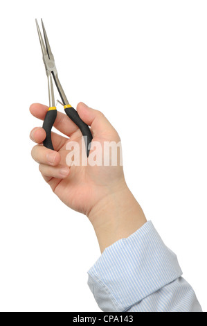 Business man holding needle-nose pliers isolated on white Stock Photo