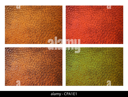 Leather grain swatches in red, brown, green, yellow isolated on white. Stock Photo