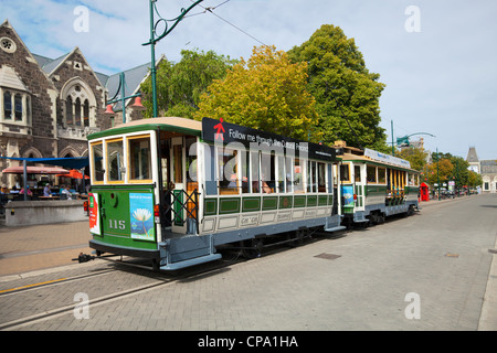 Tram passing in front of the Arts Centre, Christchurch, New Zealand, 6 February 2011. Stock Photo