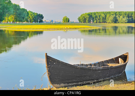 alone fishing boat on danube river Stock Photo