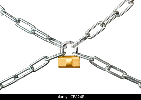 Metal chains secured by a padlock isolated on white background Stock Photo
