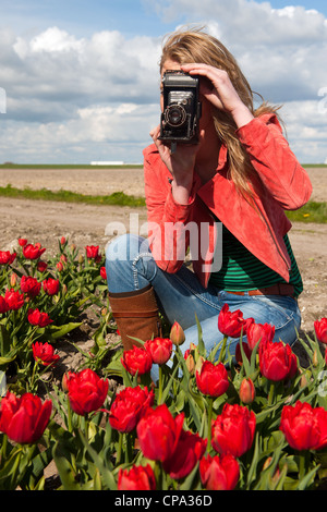 Portrait of a beautiful blond Dutch girl taking pictures in tulips field Stock Photo