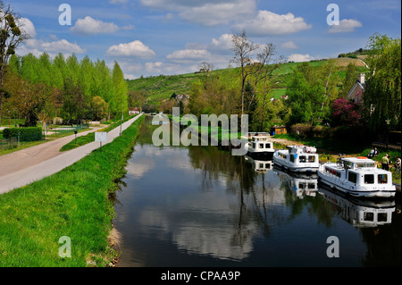 Three tourist barges moored on the Yonne River, Canal du Nivernais, Burgundy France. Stock Photo