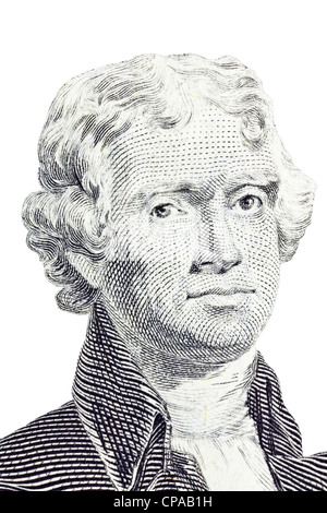 Thomas Jefferson isolated vertical macro on the US Two Dollar Bill. Stock Photo