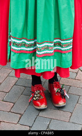 Traditional clogs worn by a morris dancer in the Sweeps Festival in Rochester Kent Stock Photo